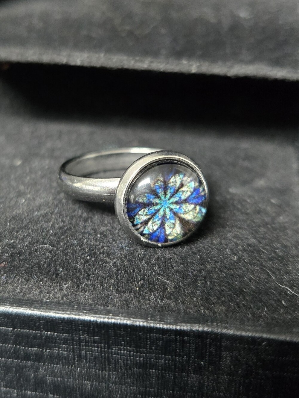 Handmade Iridescent Blue Flower Glass Ring
